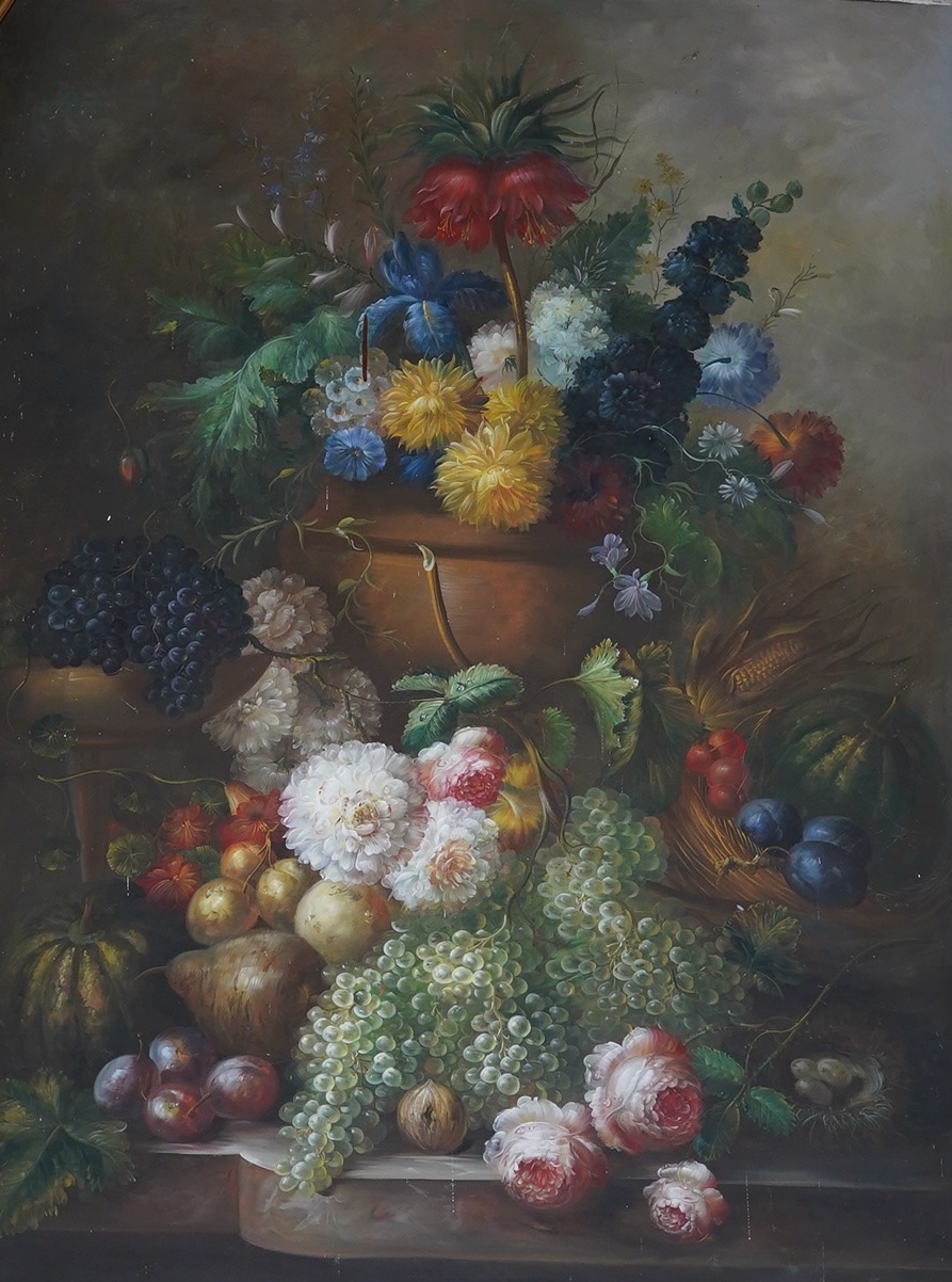 20th century, Dutch style, set of three oils on canvas, still life scenes of flowers and fruit, unsigned, each 92 x 121cm, unframed. Condition - fair